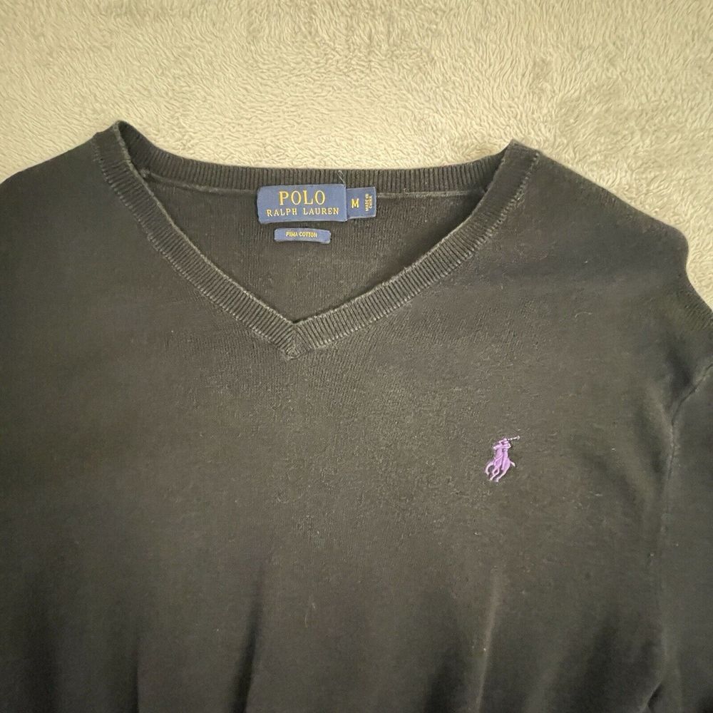 Polo Ralph Lauren Men's Medium Jumper Navy Black Pima Cotton‎ V Neck Pullover
